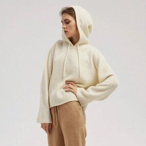 GENTLE HERD 100% Cashmere Ribbed Cropped Hoodie Sweater Cream Ivory Size S